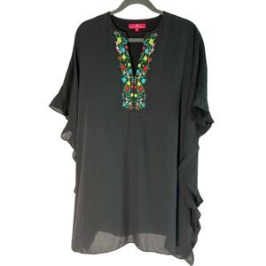 ELAINE TURNER Embroidered Tunic Kaftan Dress Black Multicolor Floral Boho Size M